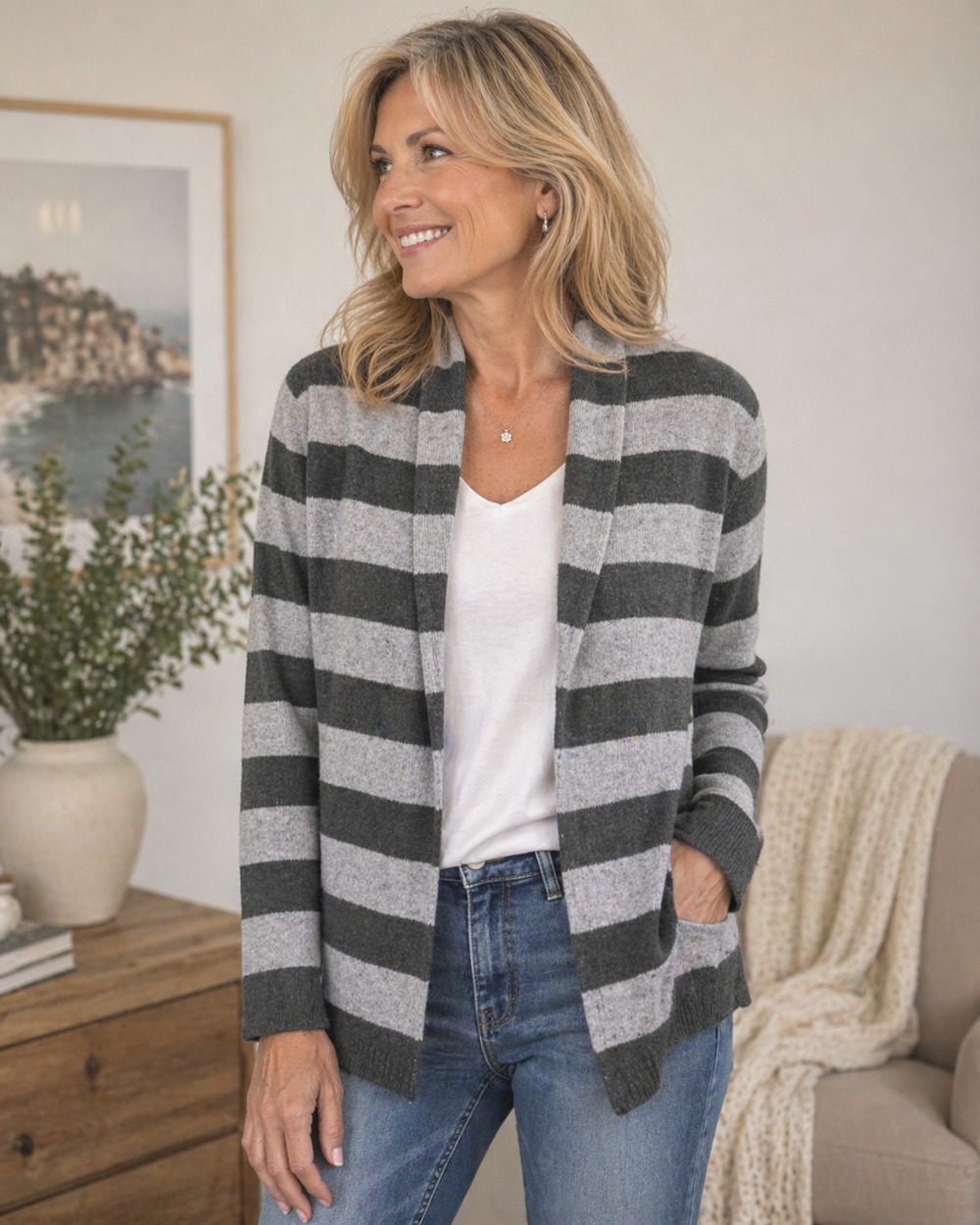 American Eagle Green & Gray Striped Open Front Longline Cardigan Sweater Fall M